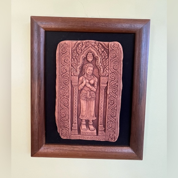 New Carved Apsara Radha Terracotta Textured Tile Panel Custom Frame 8.5" x 10.5" - Picture 3 of 6